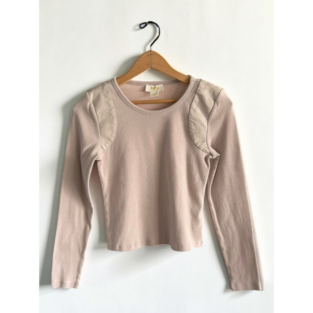 Maeve Anthropologie Pink Ribbed Long Sleeve Top Shoulder Patch‎ XS